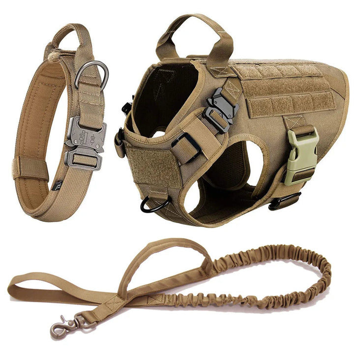 Tactical dog harness with ID panel loop, strong leash, and padded collar for daily use