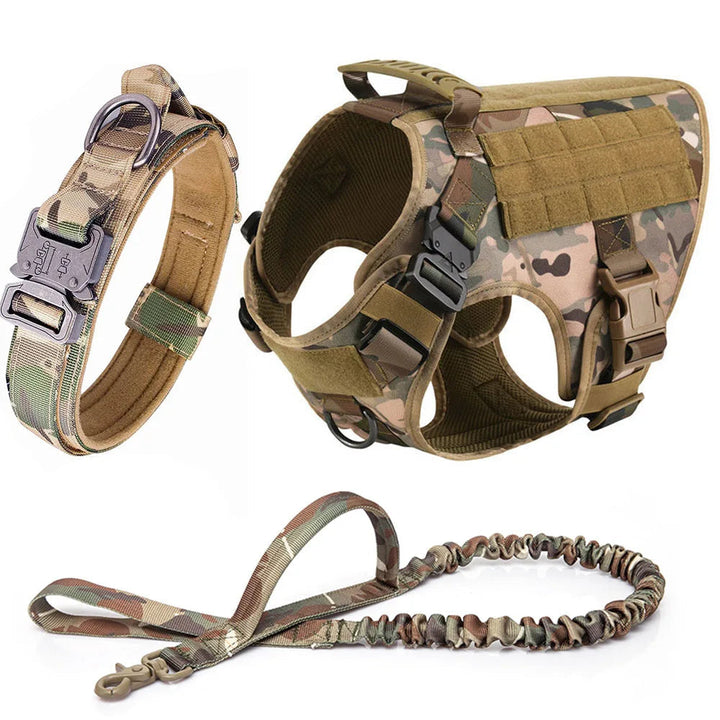 Black tactical dog harness with front and back leash attachments, secure and comfortable