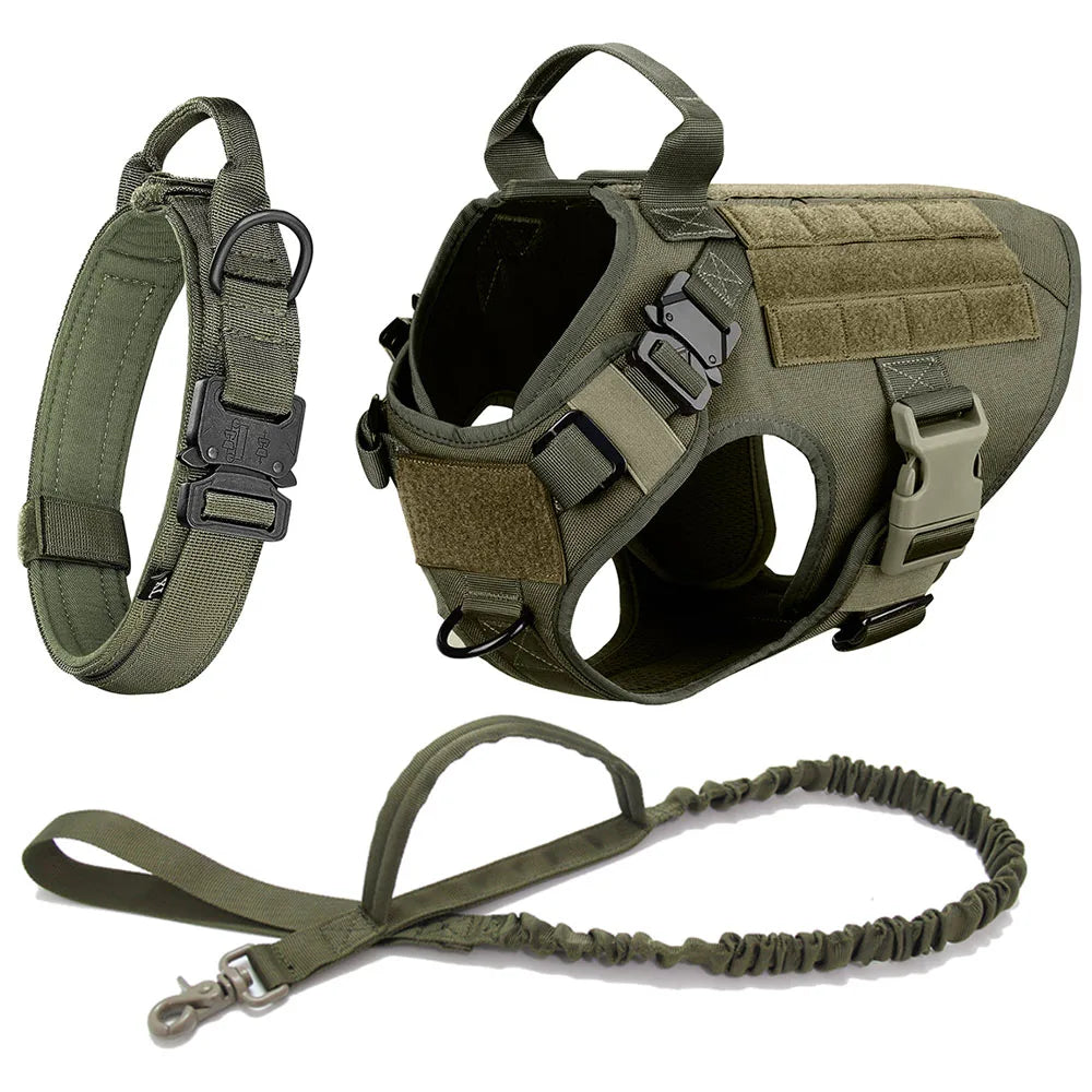 Tactical dog harness set in military green, includes padded collar and strong leash