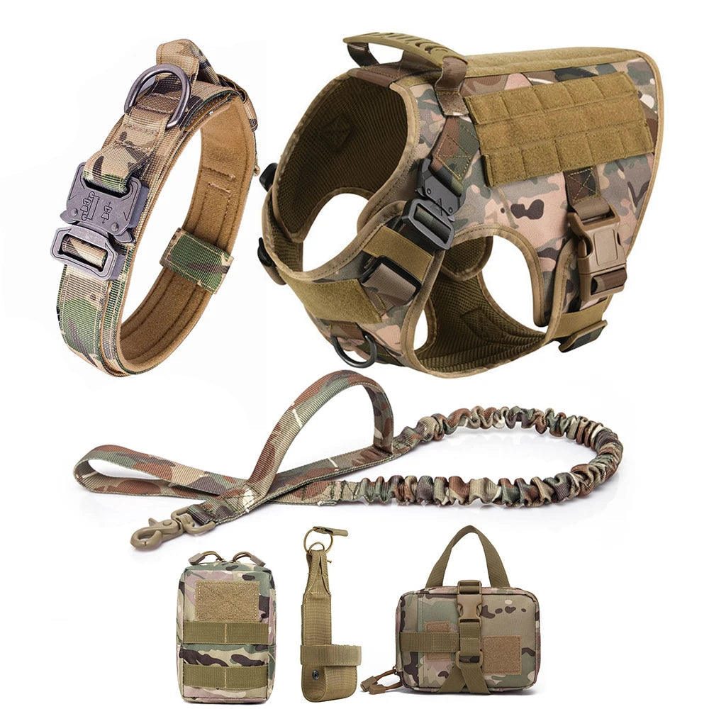 Close-up of tactical dog harness with handle for control, durable nylon pet gear