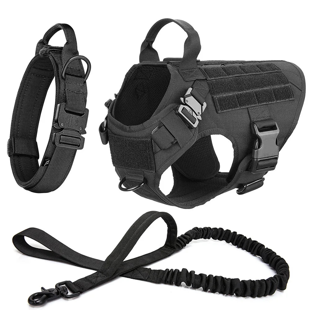Adjustable tactical dog harness with quick-release buckles for easy on/off, comfortable fit
