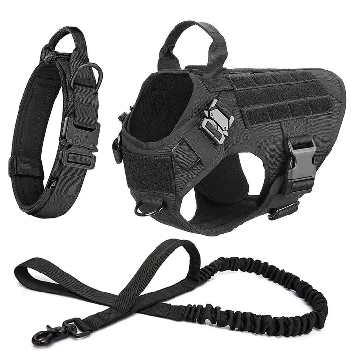 Adjustable tactical dog harness with quick-release buckles for easy on/off, comfortable fit