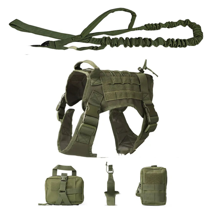 Complete set: tactical dog vest with side pouches and a robust leash for K9 tactical training.