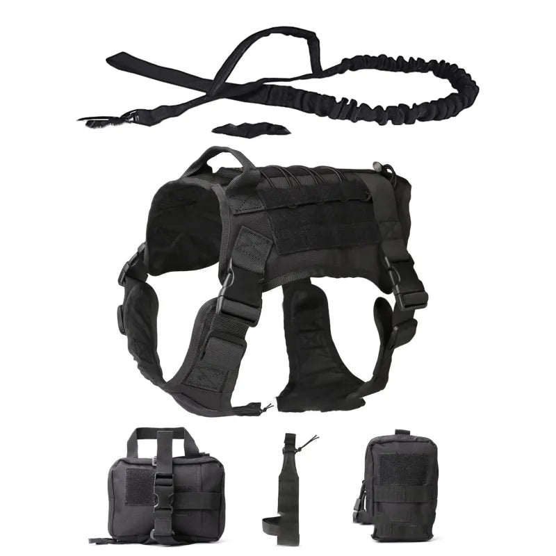 Adjustable tactical dog harness for large dogs, featuring two utility pockets and a strong leash.