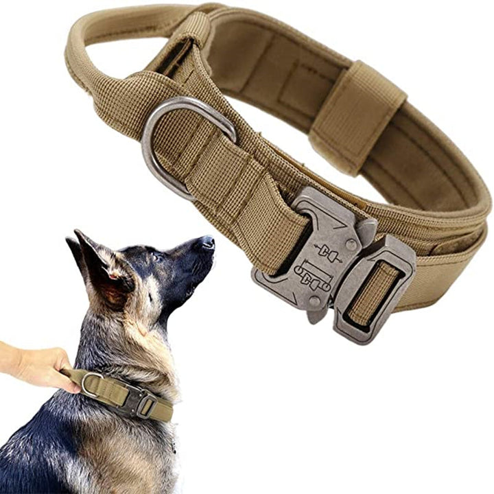 Full view of heavy-duty padded nylon tactical dog leash and collar, military green, for powerful dogs.