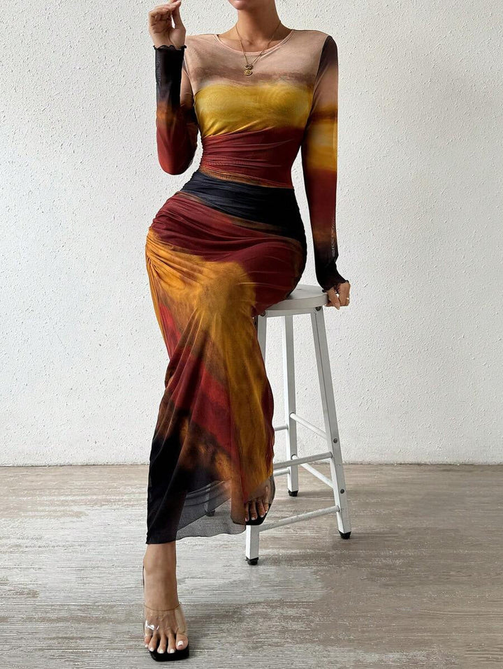 Women's elegant ruched long sleeve bodycon maxi dress, a stylish and figure-flattering design.