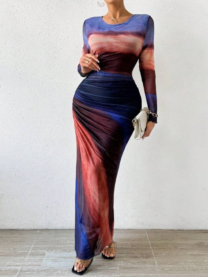 Stylish women's figure-flattering long sleeve bodycon maxi dress with ruched details.
