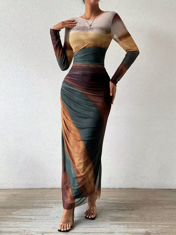 Stylish women's long sleeve bodycon maxi dress, ruched for an elegant, casual chic look.