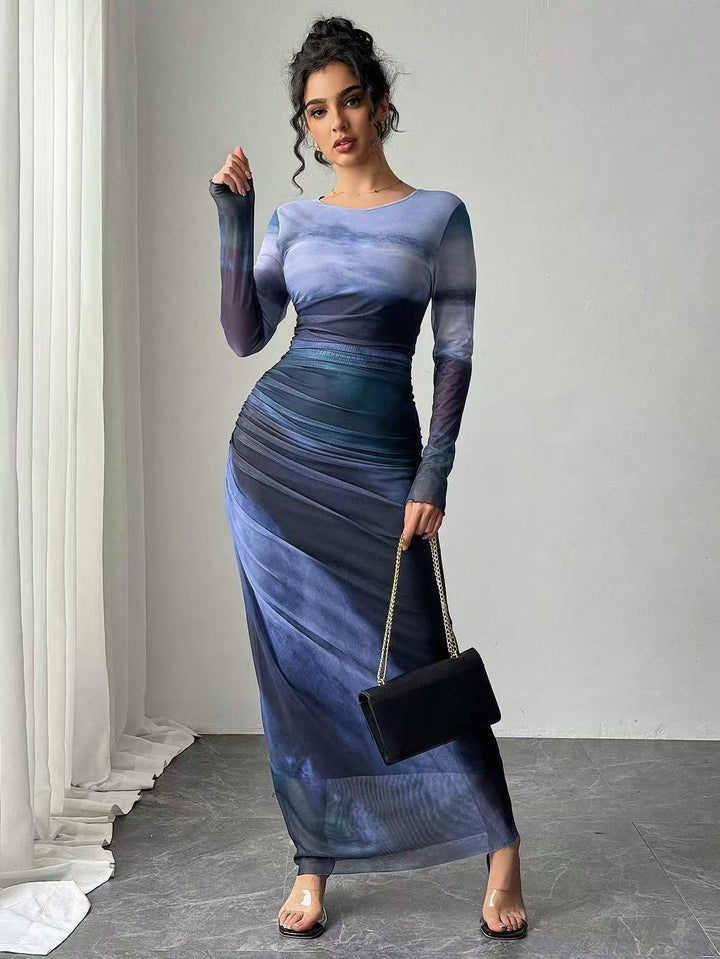 Figure-flattering women's long sleeve bodycon maxi dress, chic for date night or party.