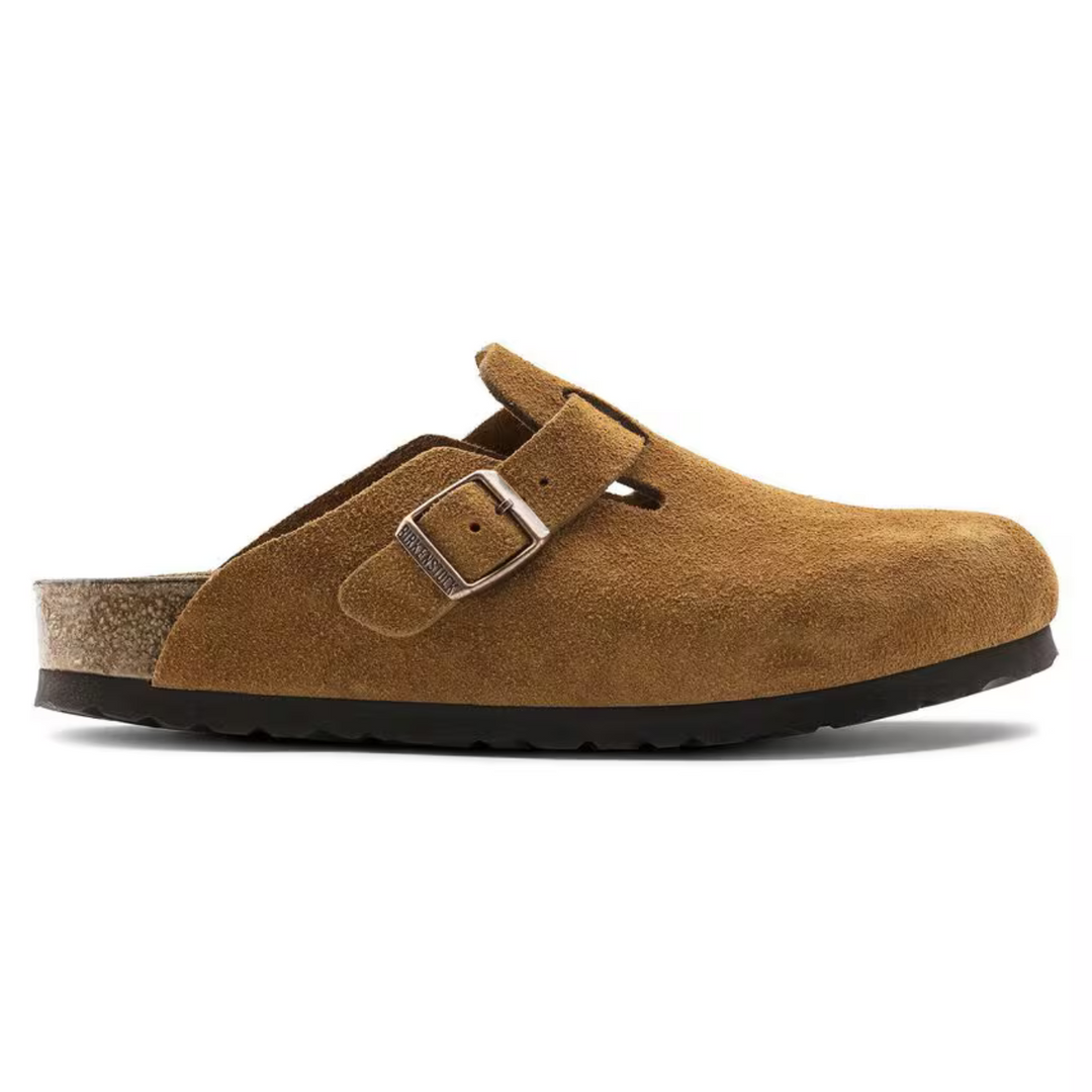 Supportive taupe women's clogs with a plush cushioned footbed and practical adjustable strap.