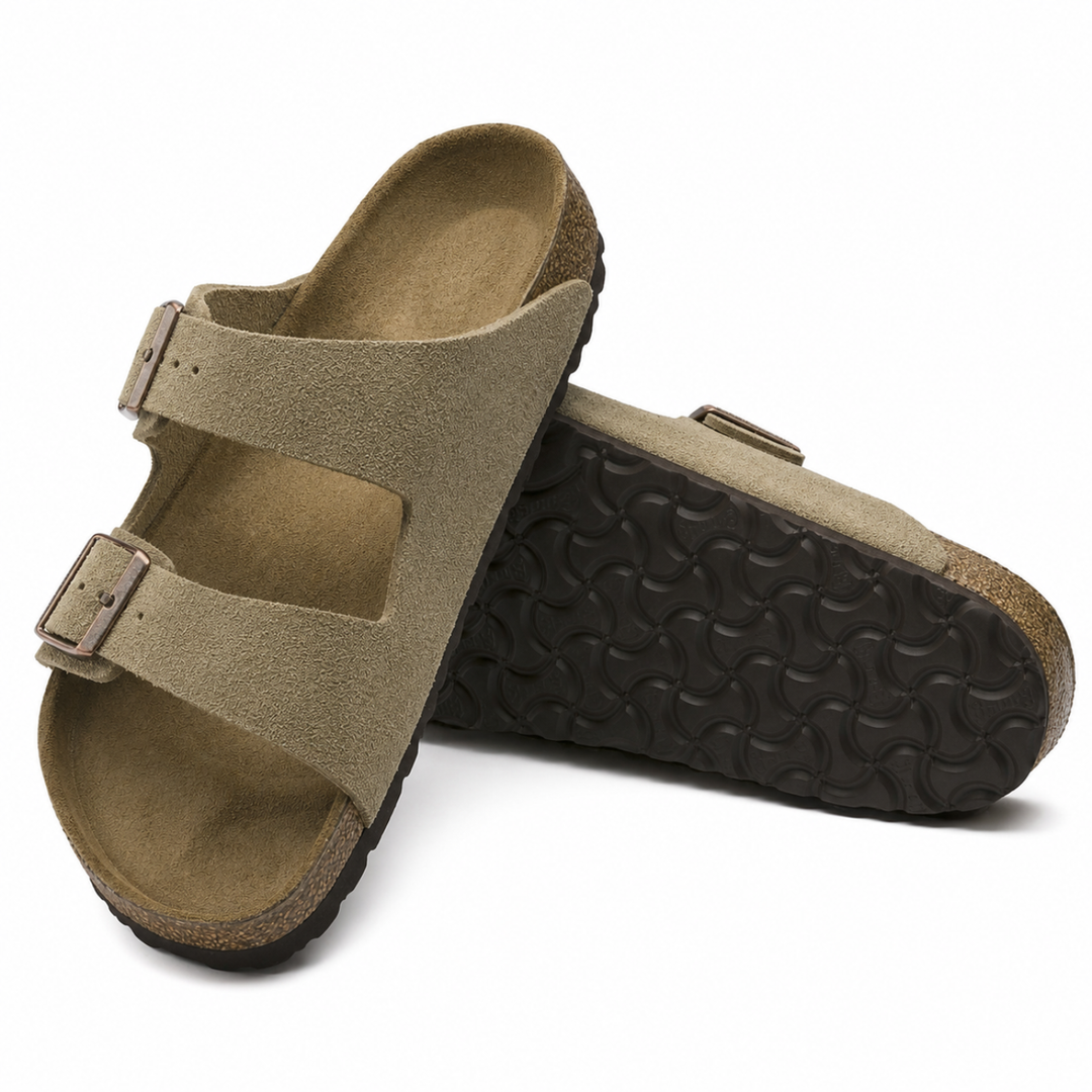 Stylish taupe casual sandals for women, featuring ergonomic design, arch support, and an adjustable strap.
