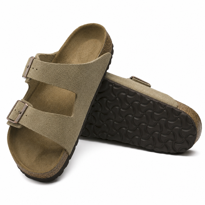 Stylish taupe casual sandals for women, featuring ergonomic design, arch support, and an adjustable strap.