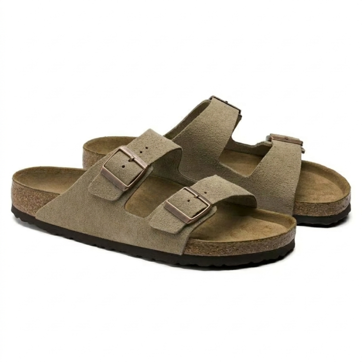 Slip-on taupe women's casual sandals, designed ergonomically with arch support for comfortable summer footwear.