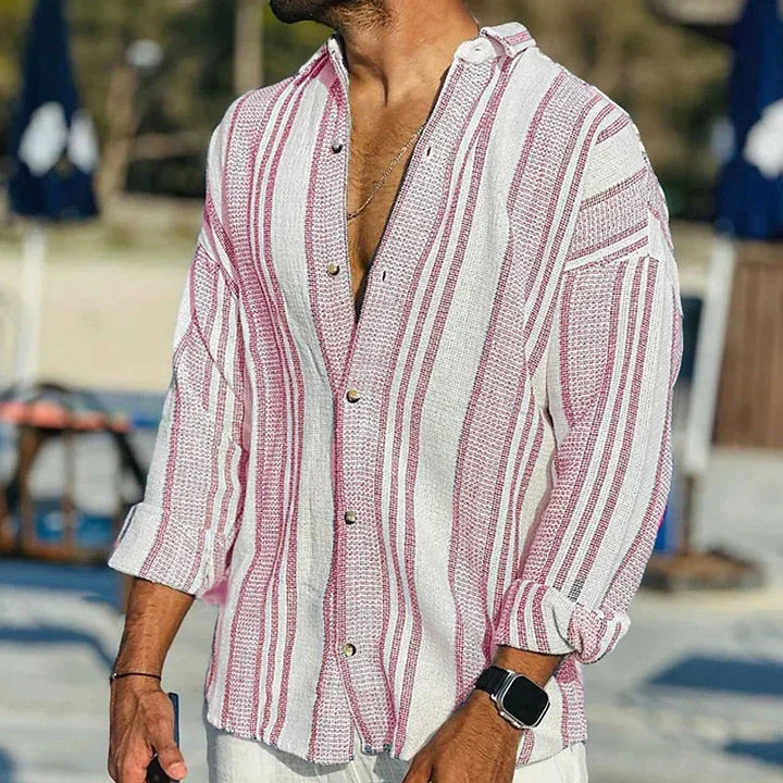 Stylish men's striped summer shirt, a versatile long sleeve button-down top with a relaxed fit for casual wear.