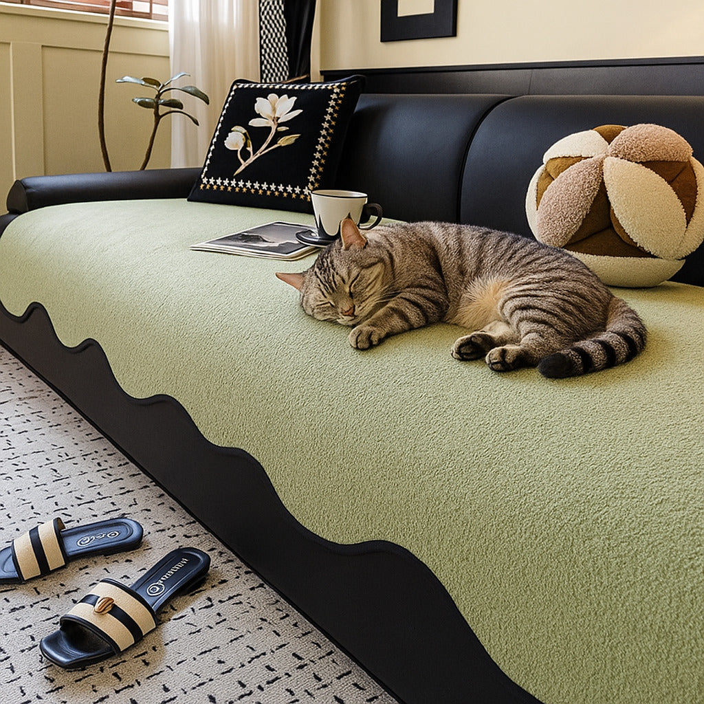 Soft teddy fleece couch cover in a neutral color, water-repellent and pet friendly home decor