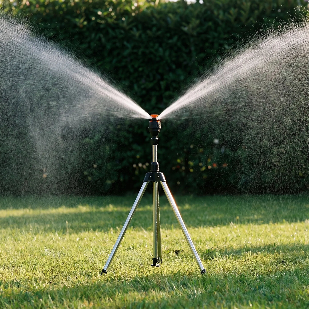 Telescopic tripod lawn sprinkler with adjustable spray for wide garden watering & outdoor irrigation.