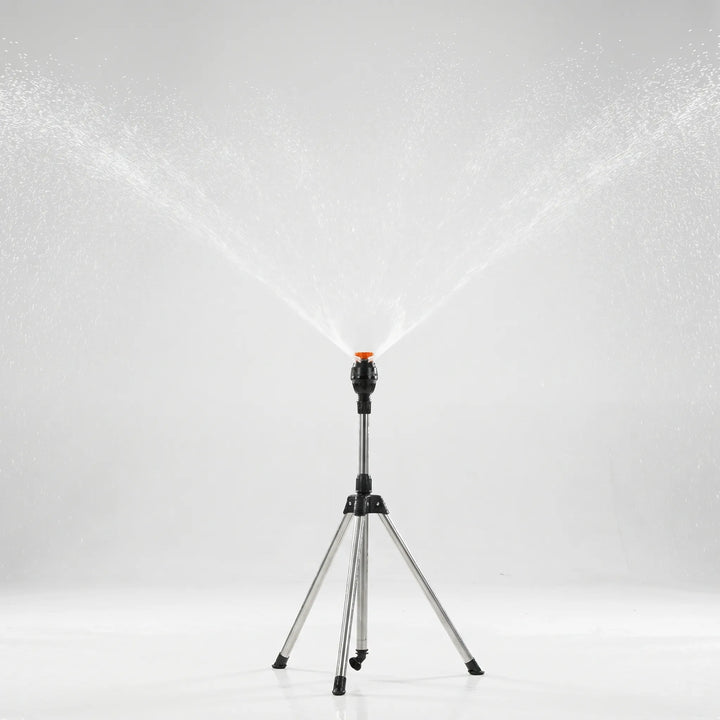 Adjustable garden watering with a telescopic tripod sprinkler, perfect for even lawn & yard irrigation.