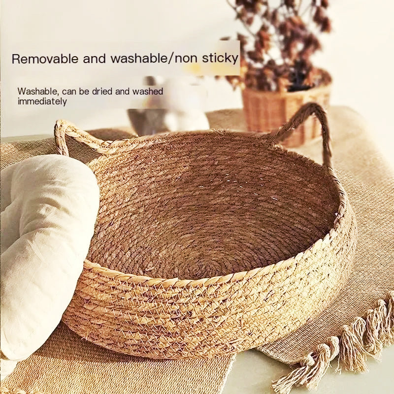 Cozy handwoven rattan cat bed, an eco-friendly pet furniture choice offering ultimate comfort & a cat sanctuary.