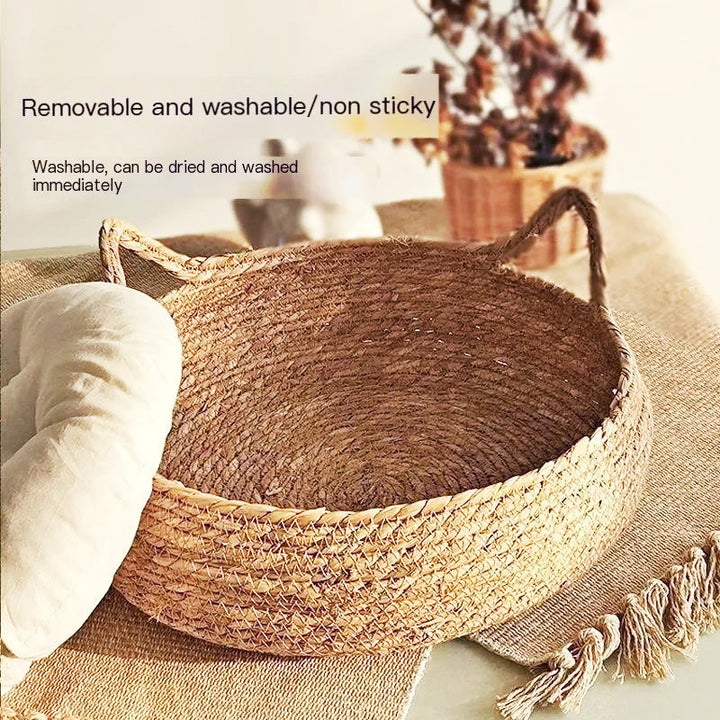 Cozy handwoven rattan cat bed, an eco-friendly pet furniture choice offering ultimate comfort & a cat sanctuary.
