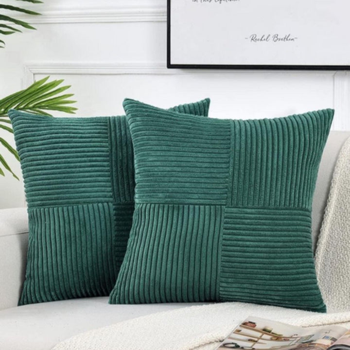 Close-up of a decorative corduroy cushion cover, showcasing its plush texture and quality fabric