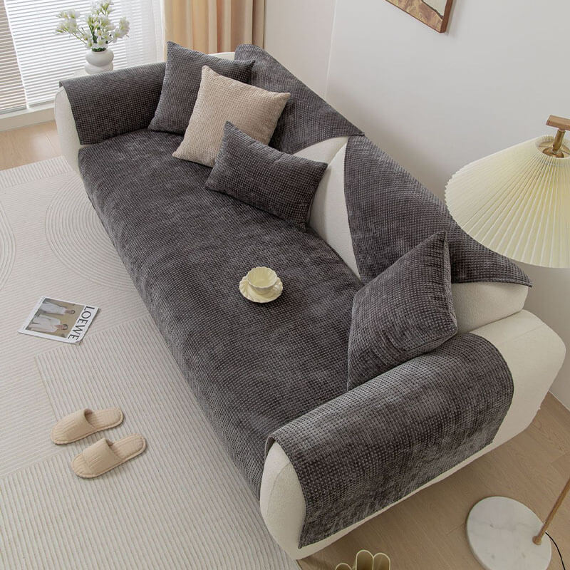 Detailed shot of the non-slip backing on a Textured Waffle Chenille Furniture Protector.