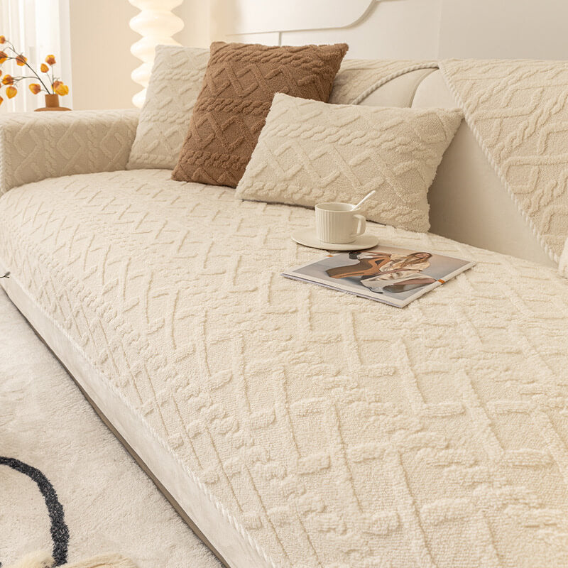 Full view of a living room with a thickened plush, non-slip sofa cover, perfect for homes with pets.