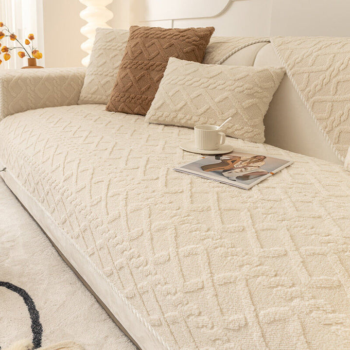 Full view of a living room with a thickened plush, non-slip sofa cover, perfect for homes with pets.