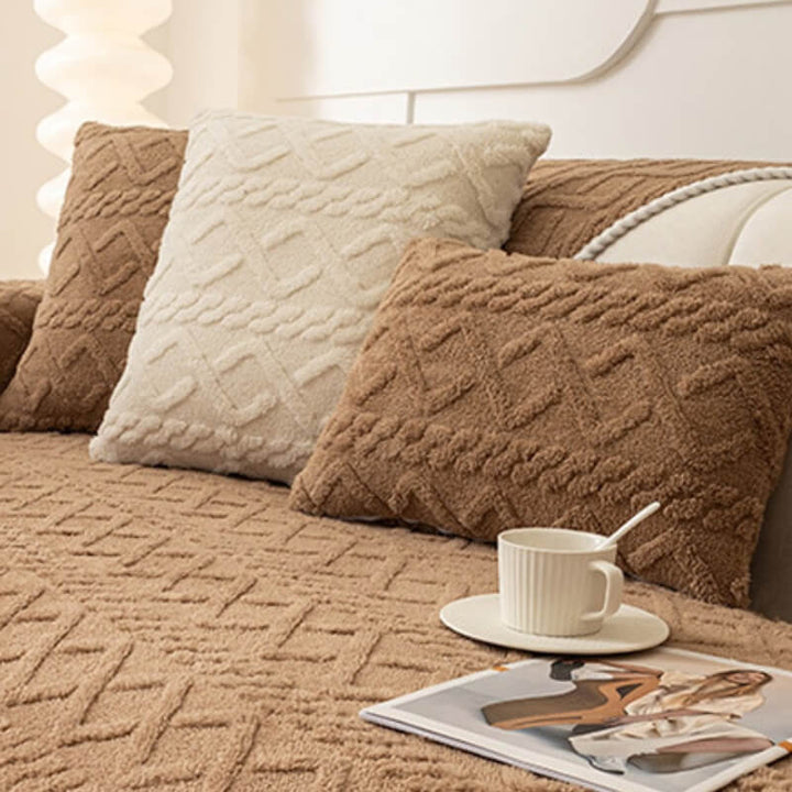 Luxurious thickened plush sofa cover in a modern home, showcasing its non-slip pet-friendly design.