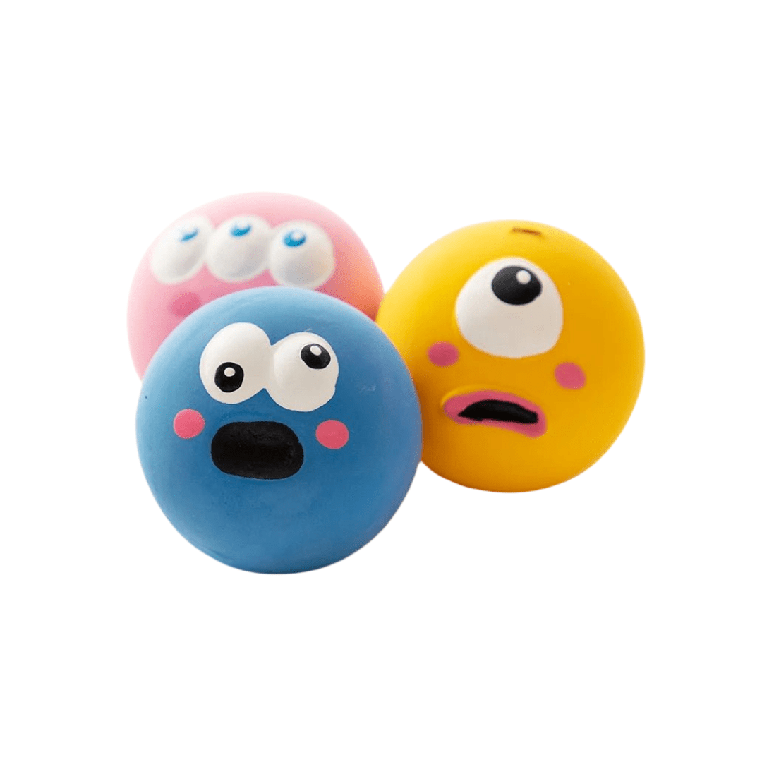 Pack of three colorful rubber chew balls with squeakers for interactive dog play.