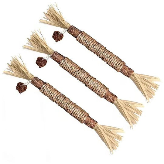 Assortment of natural silvervine cat chew toys bundled with jute rope, promoting feline dental health.