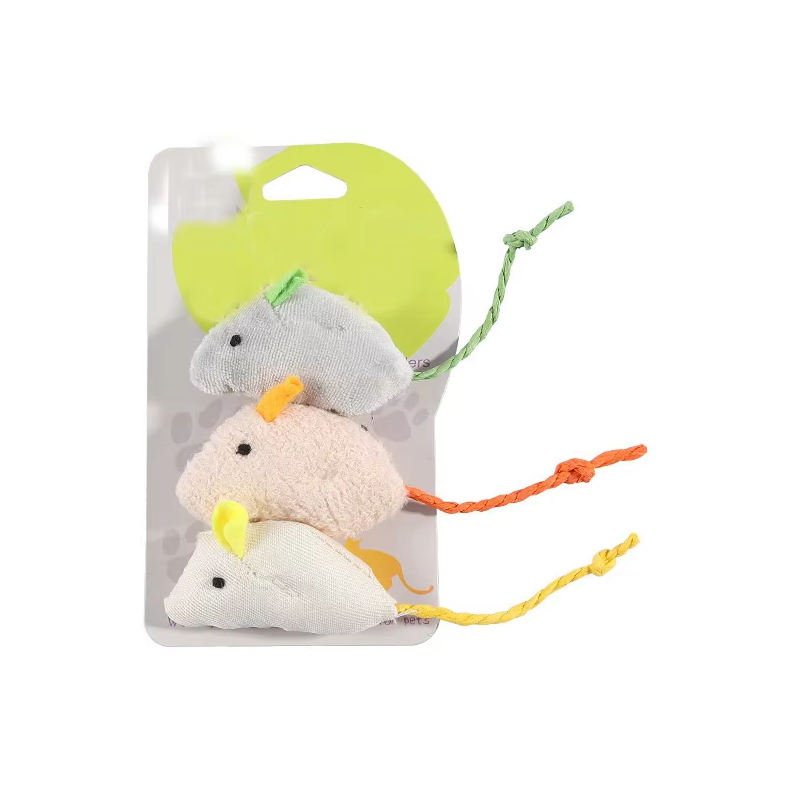 Three plush mice cat toys, grey and white, with feathered tails for interactive feline play