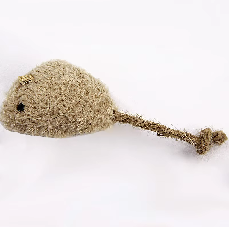 Close-up of a plush mouse cat toy, grey, with realistic features for stimulating a cat's prey drive