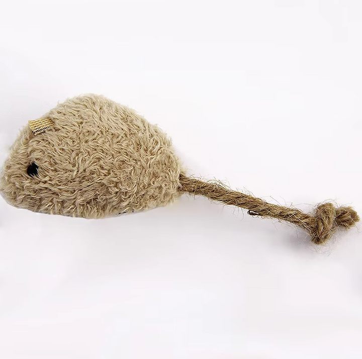 Close-up of a plush mouse cat toy, grey, with realistic features for stimulating a cat's prey drive