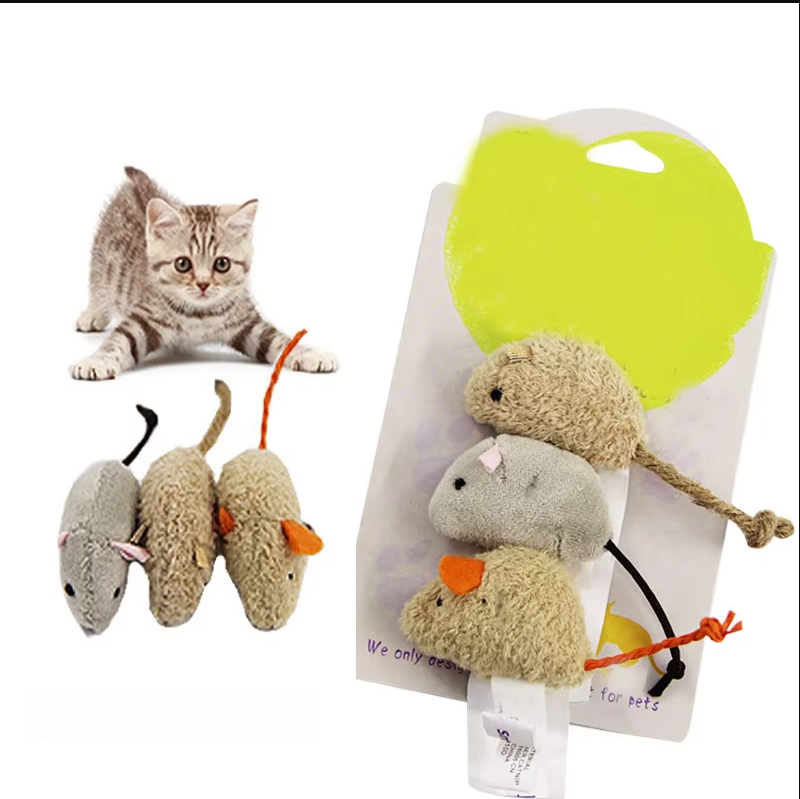 Feline enrichment: a cat batting at a grey plush mouse toy, designed for interactive play