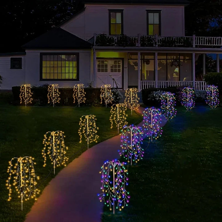 Versatile solar lights for gardens, patios, and lawns, featuring a unique firework display.