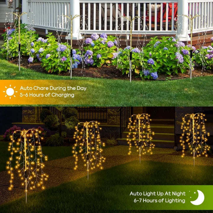 A pack of three outdoor solar firework lights, designed for easy installation in gardens.