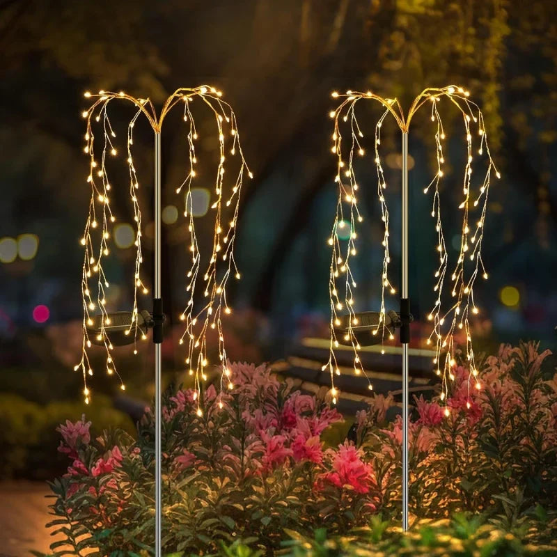 Bright solar garden lights showcasing their wire string design, enhancing any outdoor living space.