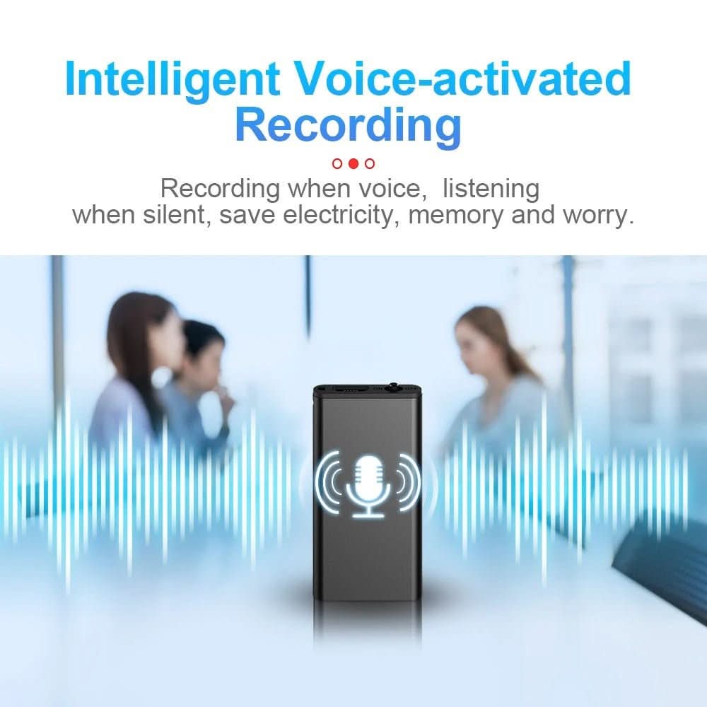 Ultra-light miniature digital voice recorder, sound-activated for discreet conversation & dictation.