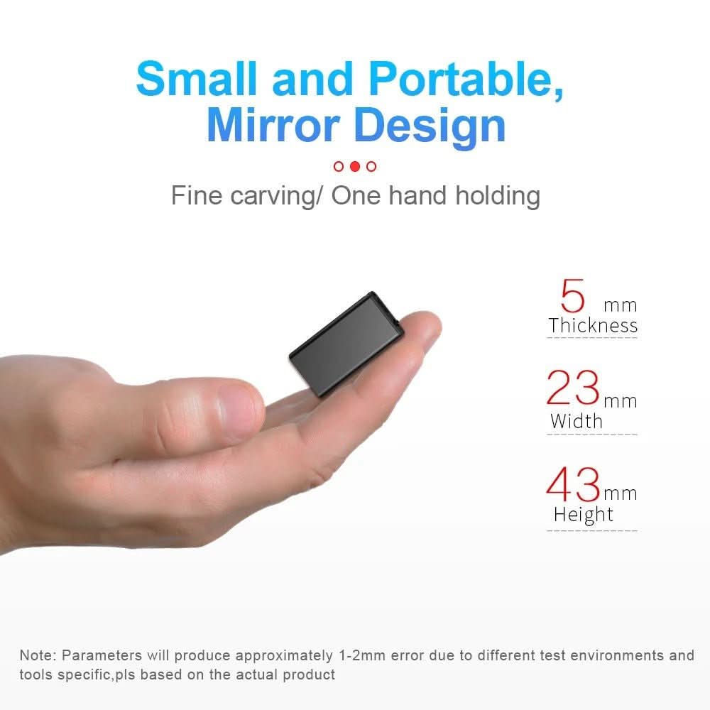 Discreet tiny voice recorder, sound-activated for easy, portable, high-quality audio dictation.