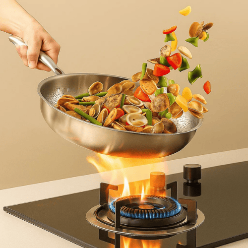 Uncoated stainless steel Titan-Premium frying pan, ideal for healthy cooking on all stoves, including induction.