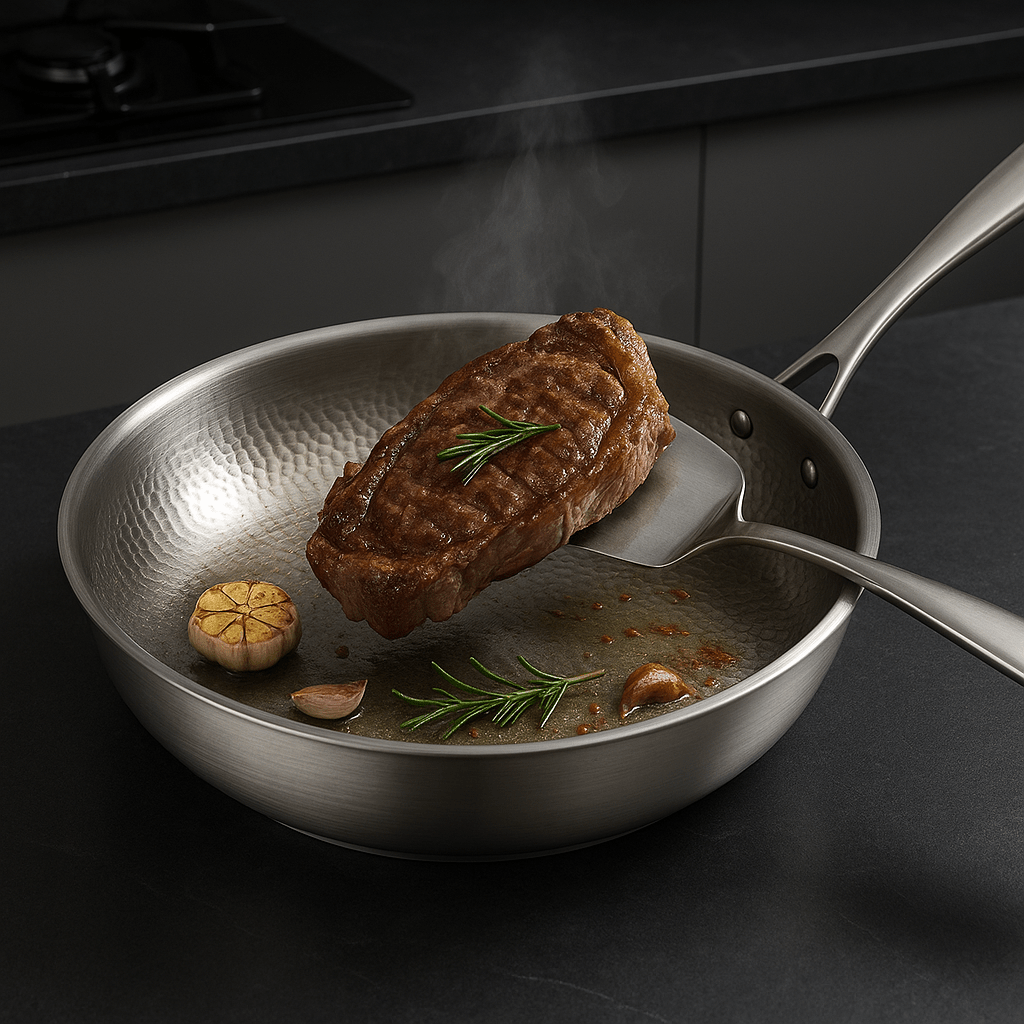 Durable Titan-Premium stainless steel frying pan, uncoated for healthy cooking, compatible with induction & all stoves.