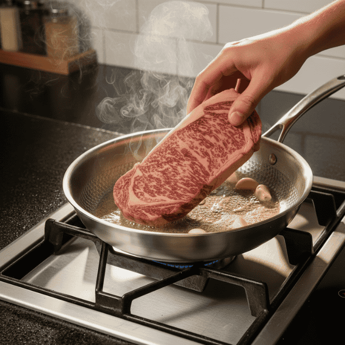 Shiny stainless steel Titan-Premium frying pan, uncoated kitchen essential for healthy cooking on all stove types.