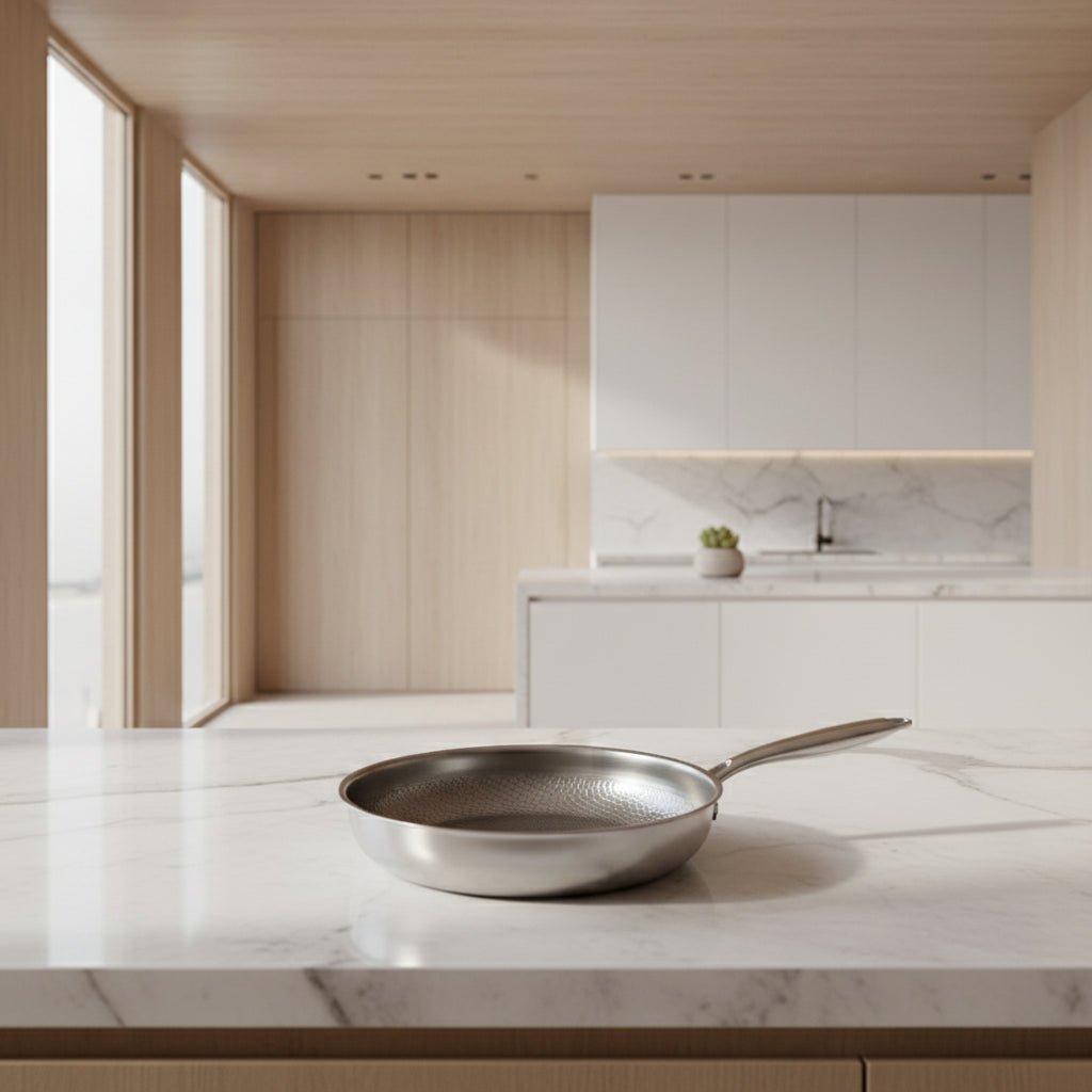 Titanium hammered non-stick skillet for home kitchen. Induction ready frying pan, durable cookware for daily cooking.