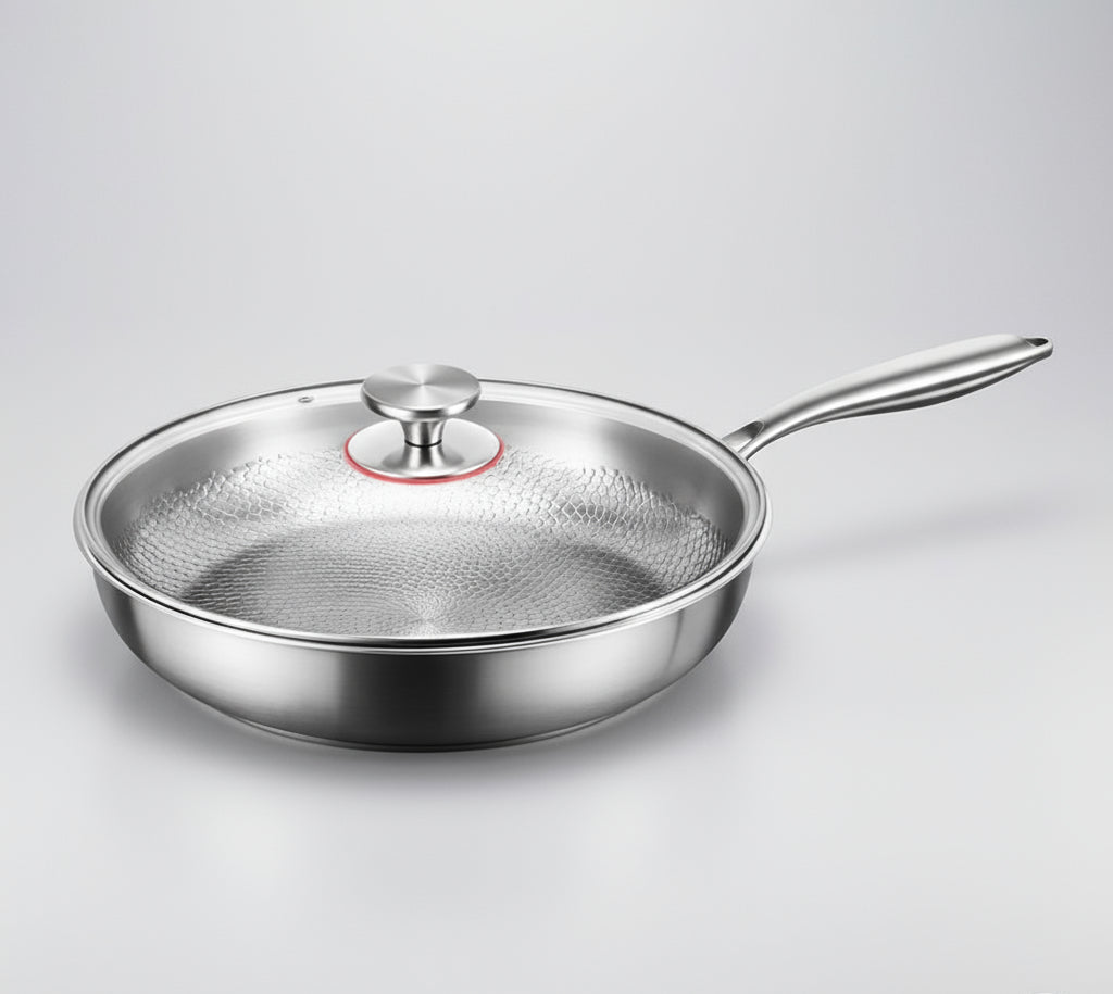 High-quality titanium non-stick skillet with hammered design. Induction ready frying pan for superior cooking.