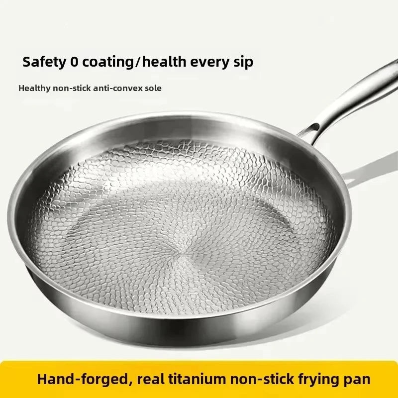 Stylish hammered titanium non-stick skillet. Durable, induction ready frying pan for modern kitchen cooking.