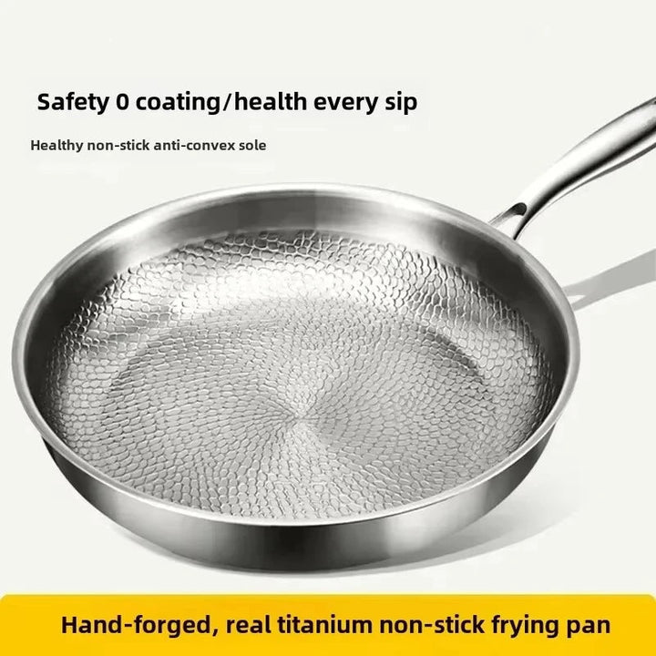 Stylish hammered titanium non-stick skillet. Durable, induction ready frying pan for modern kitchen cooking.
