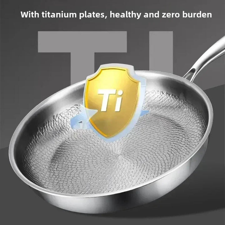 Durable titanium non-stick skillet with hammered texture. Induction-ready frying pan, essential kitchen cookware.