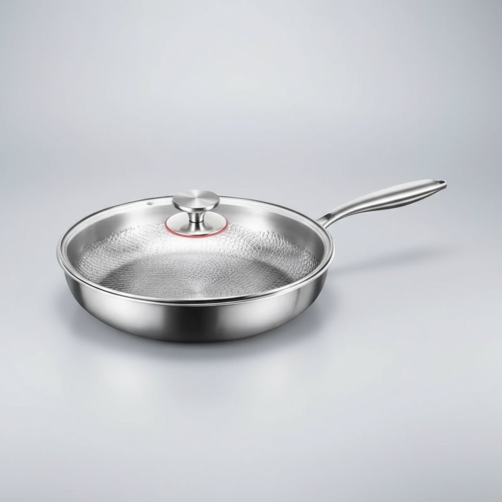 Close-up of the non-stick surface of the titanium hammered induction-ready skillet. Easy food release.