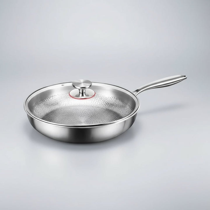Close-up of the non-stick surface of the titanium hammered induction-ready skillet. Easy food release.