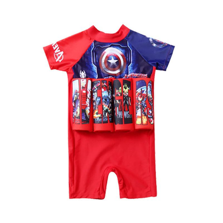 Toddler beachwear: Float vest, SPF 50+ sun protection & attached swim shorts.